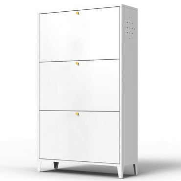 Freestanding 3 Drawer Steel Shoe Cabinet With Flip Door Modern Storage Organizer For Entryway Hallway Bedroom In White