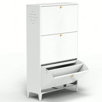 Freestanding 3 Drawer Steel Shoe Cabinet With Flip Door Modern Storage Organizer For Entryway Hallway Bedroom In White