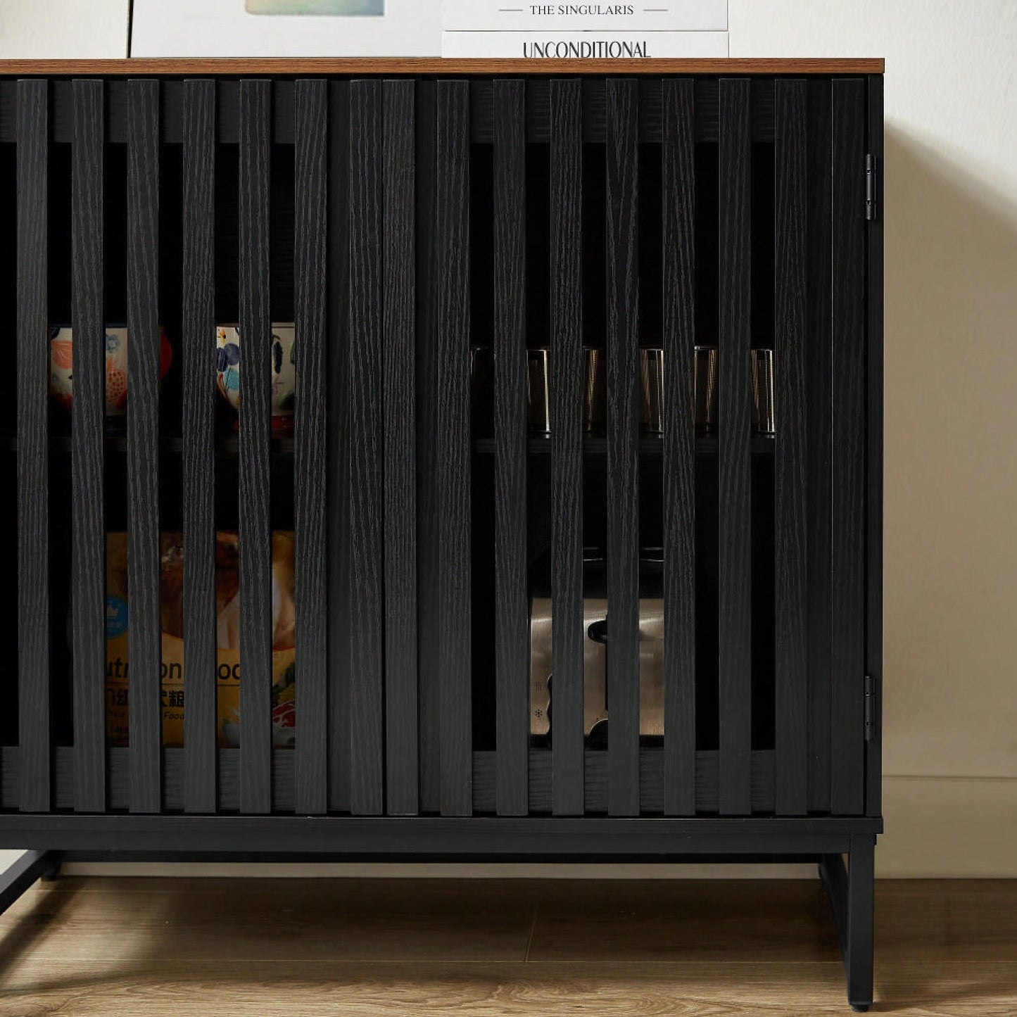 Modern Slatted Grille Cabinet With Striped Door High-Quality MDF And Sturdy Metal Legs