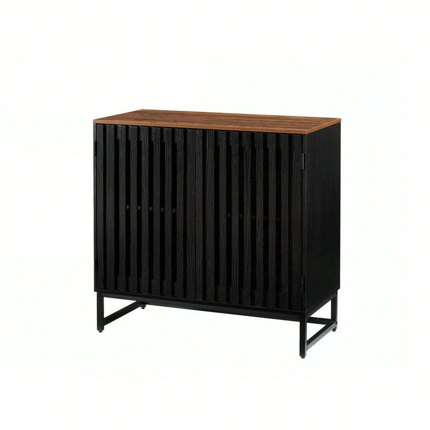 Modern Slatted Grille Cabinet With Striped Door High-Quality MDF And Sturdy Metal Legs