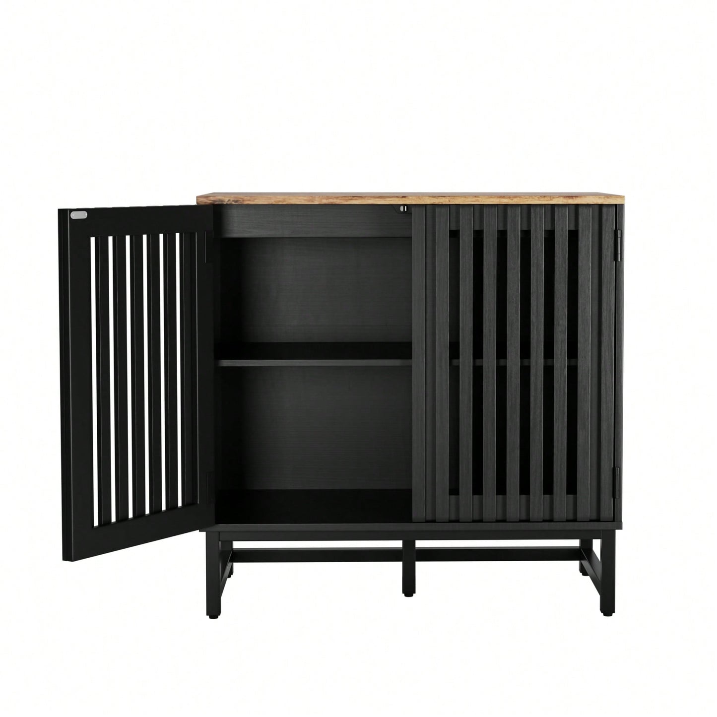 Modern Slatted Grille Cabinet With Striped Door High-Quality MDF And Sturdy Metal Legs