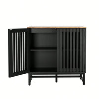 Modern Slatted Grille Cabinet With Striped Door High-Quality MDF And Sturdy Metal Legs