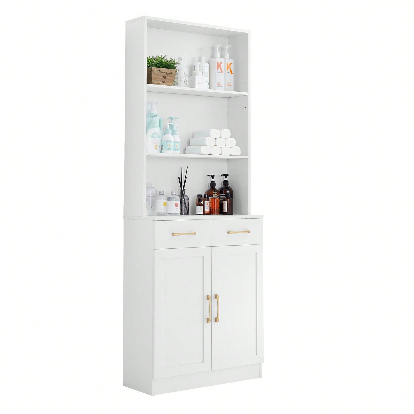 Stylish Black Bathroom Storage Cabinet With Two Doors And Drawers, Adjustable Shelf And Three Open Shelves For Organized Space