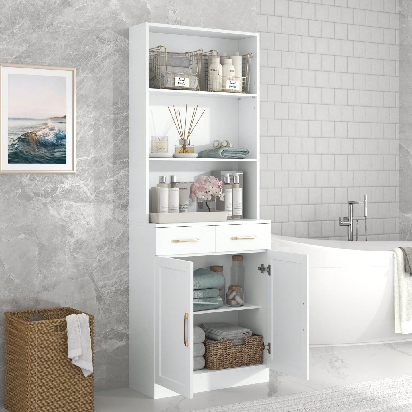 Stylish Black Bathroom Storage Cabinet With Two Doors And Drawers, Adjustable Shelf And Three Open Shelves For Organized Space