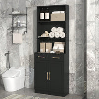 Stylish Black Bathroom Storage Cabinet With Two Doors And Drawers, Adjustable Shelf And Three Open Shelves For Organized Space