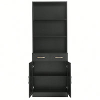 Stylish Black Bathroom Storage Cabinet With Two Doors And Drawers, Adjustable Shelf And Three Open Shelves For Organized Space