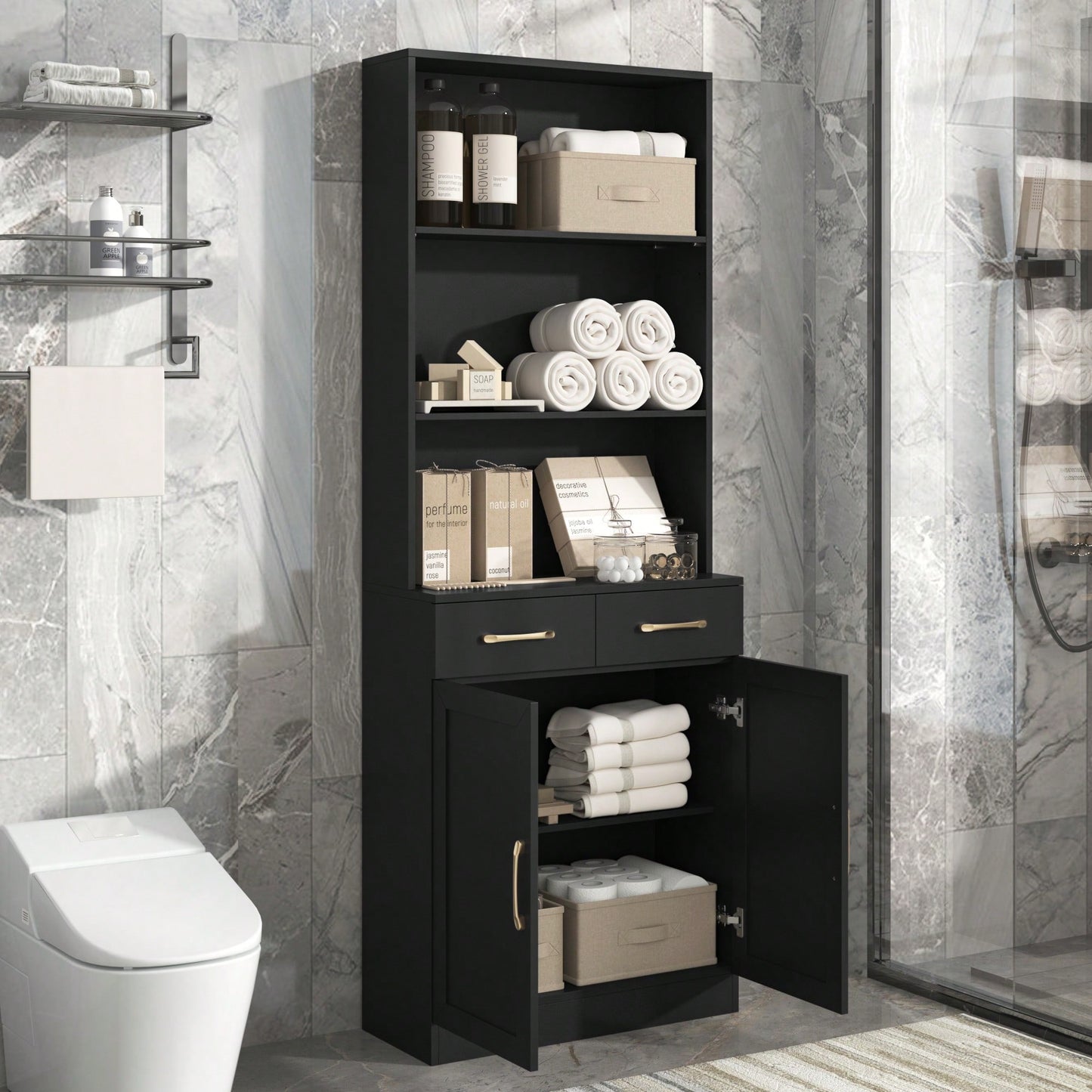 Stylish Black Bathroom Storage Cabinet With Two Doors And Drawers, Adjustable Shelf And Three Open Shelves For Organized Space