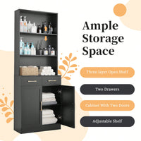 Stylish Black Bathroom Storage Cabinet With Two Doors And Drawers, Adjustable Shelf And Three Open Shelves For Organized Space