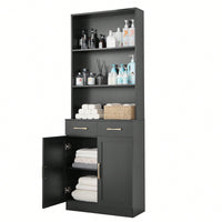 Stylish Black Bathroom Storage Cabinet With Two Doors And Drawers, Adjustable Shelf And Three Open Shelves For Organized Space