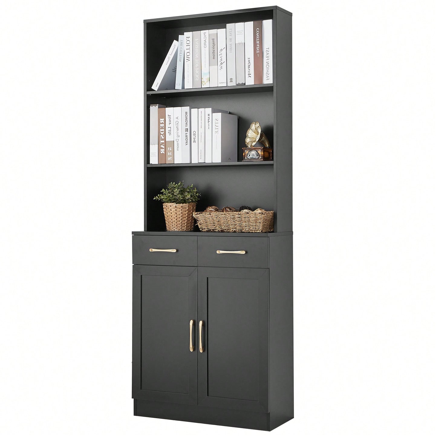 Stylish Black Bathroom Storage Cabinet With Two Doors And Drawers, Adjustable Shelf And Three Open Shelves For Organized Space