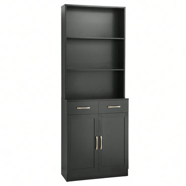 Stylish Black Bathroom Storage Cabinet With Two Doors And Drawers, Adjustable Shelf And Three Open Shelves For Organized Space