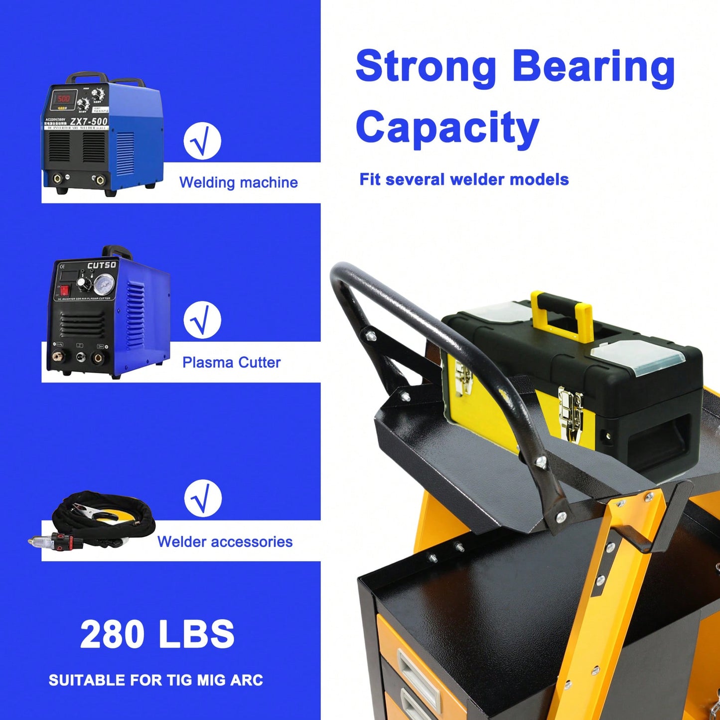 Multi-Function Welder Trolley With Storage Tank And 4-Drawer Chest For MIG TIG ARC Plasma Cutters, 280 LBS Capacity