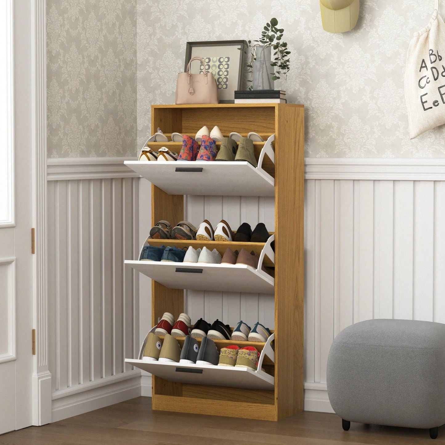 Narrow Freestanding Shoe Storage Cabinet With 3 White Flip Drawers For Entryway Organization