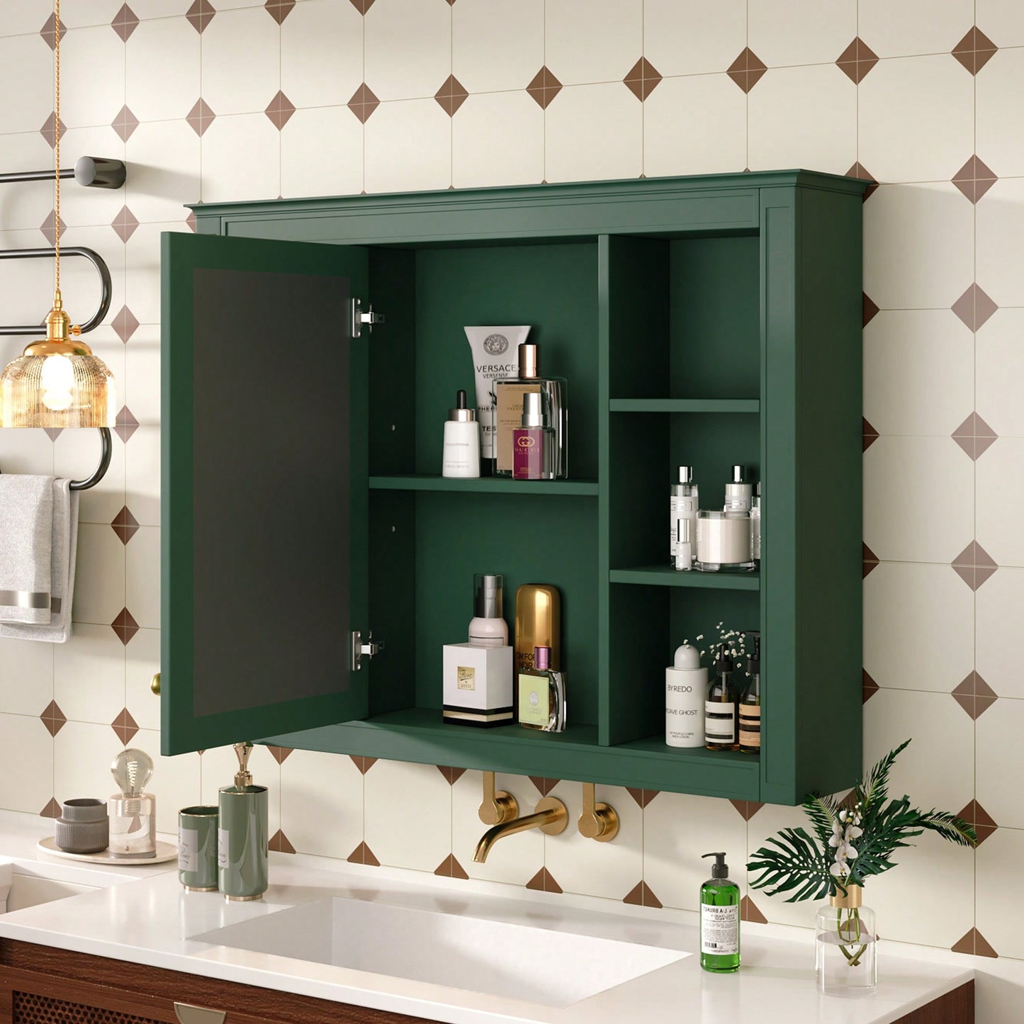 Modern Wall Mounted Medicine Cabinet With Mirror And 6 Open Shelves For Bathroom Storage