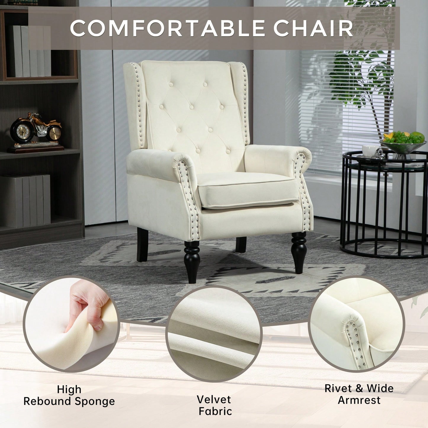 Modern Beige Wood Frame Accent Chair For Living Room And Bedroom With Sturdy Legs