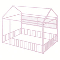 Metal House Bed Frame With Fence And Shelves In Black Finish For Stylish Bedroom Decor