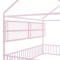 Metal House Bed Frame With Fence And Shelves In Black Finish For Stylish Bedroom Decor