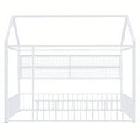 Metal House Bed Frame With Fence And Shelves In Black Finish For Stylish Bedroom Decor