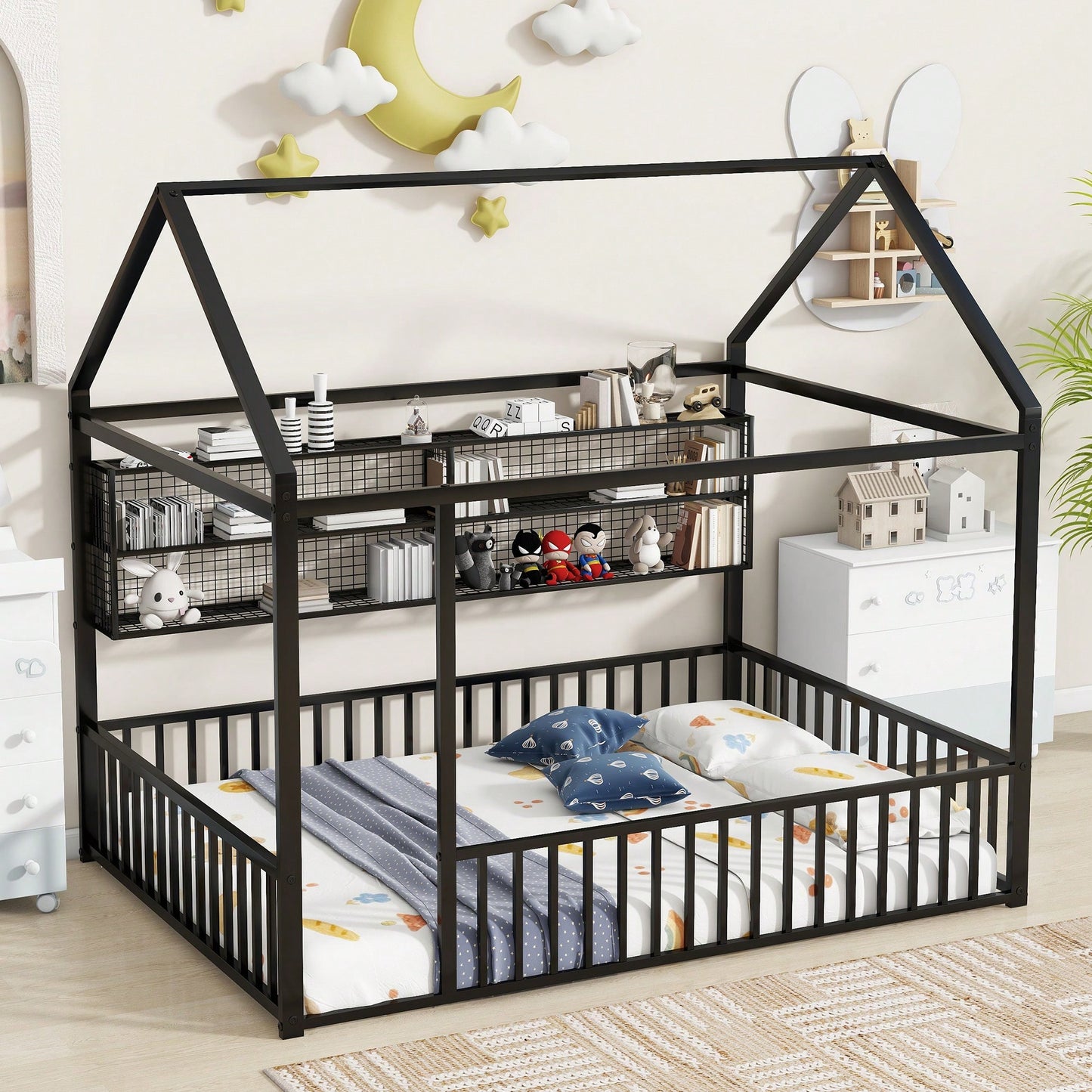 Metal House Bed Frame With Fence And Shelves In Black Finish For Stylish Bedroom Decor