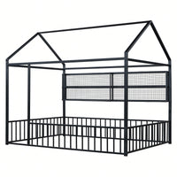 Metal House Bed Frame With Fence And Shelves In Black Finish For Stylish Bedroom Decor