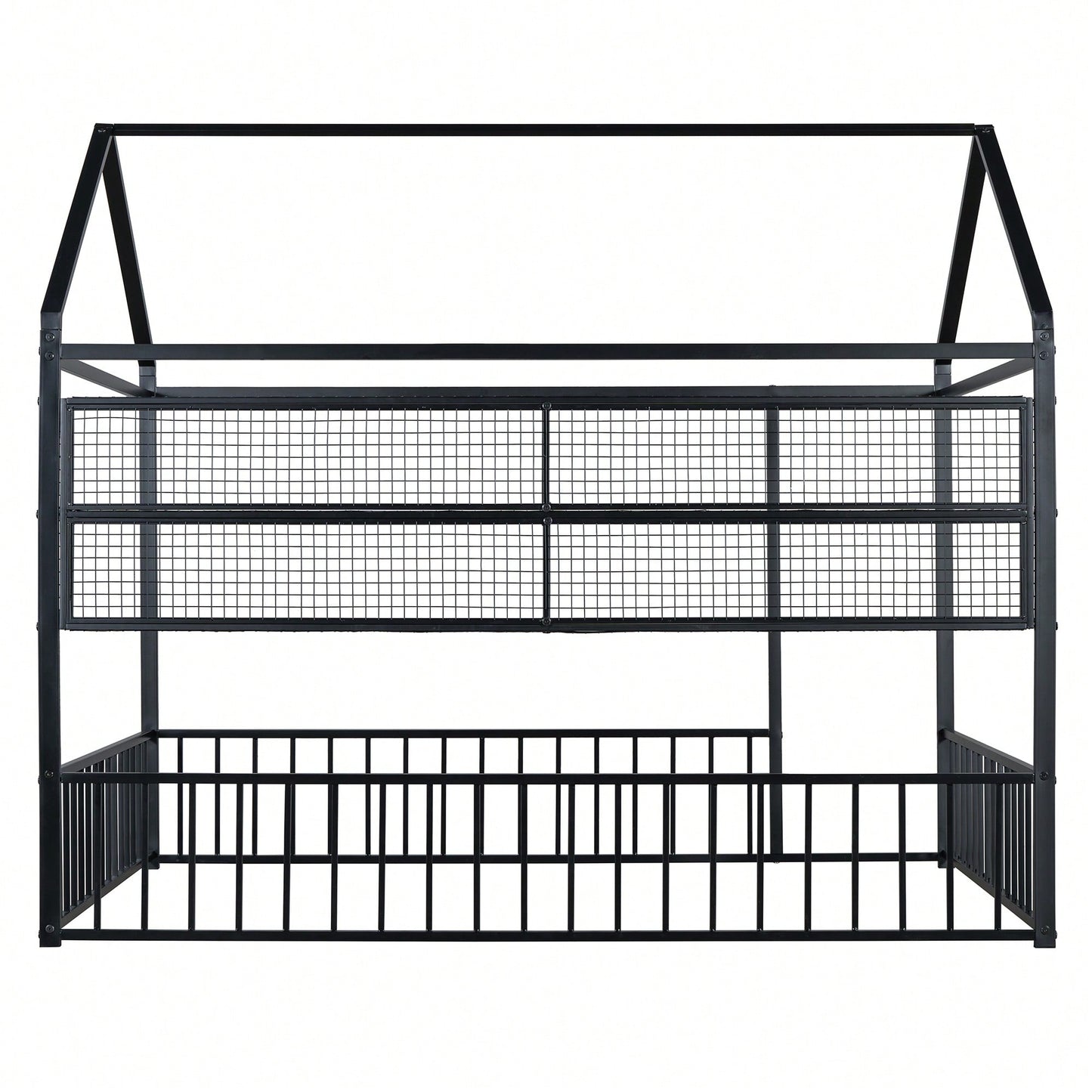 Metal House Bed Frame With Fence And Shelves In Black Finish For Stylish Bedroom Decor