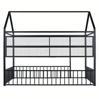 Metal House Bed Frame With Fence And Shelves In Black Finish For Stylish Bedroom Decor