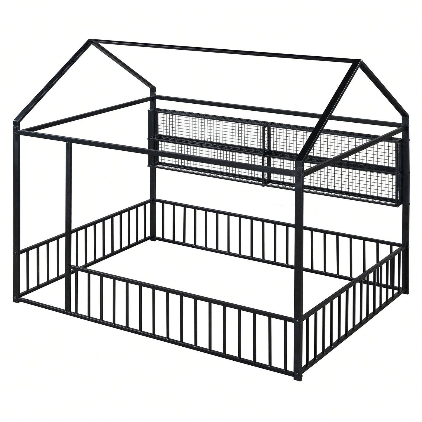 Metal House Bed Frame With Fence And Shelves In Black Finish For Stylish Bedroom Decor