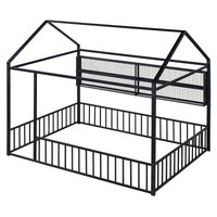 Metal House Bed Frame With Fence And Shelves In Black Finish For Stylish Bedroom Decor