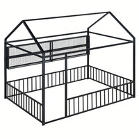 Metal House Bed Frame With Fence And Shelves In Black Finish For Stylish Bedroom Decor