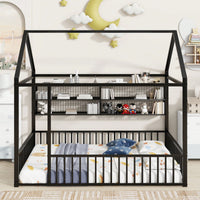 Metal House Bed Frame With Fence And Shelves In Black Finish For Stylish Bedroom Decor