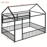 Metal House Bed Frame With Fence And Shelves In Black Finish For Stylish Bedroom Decor