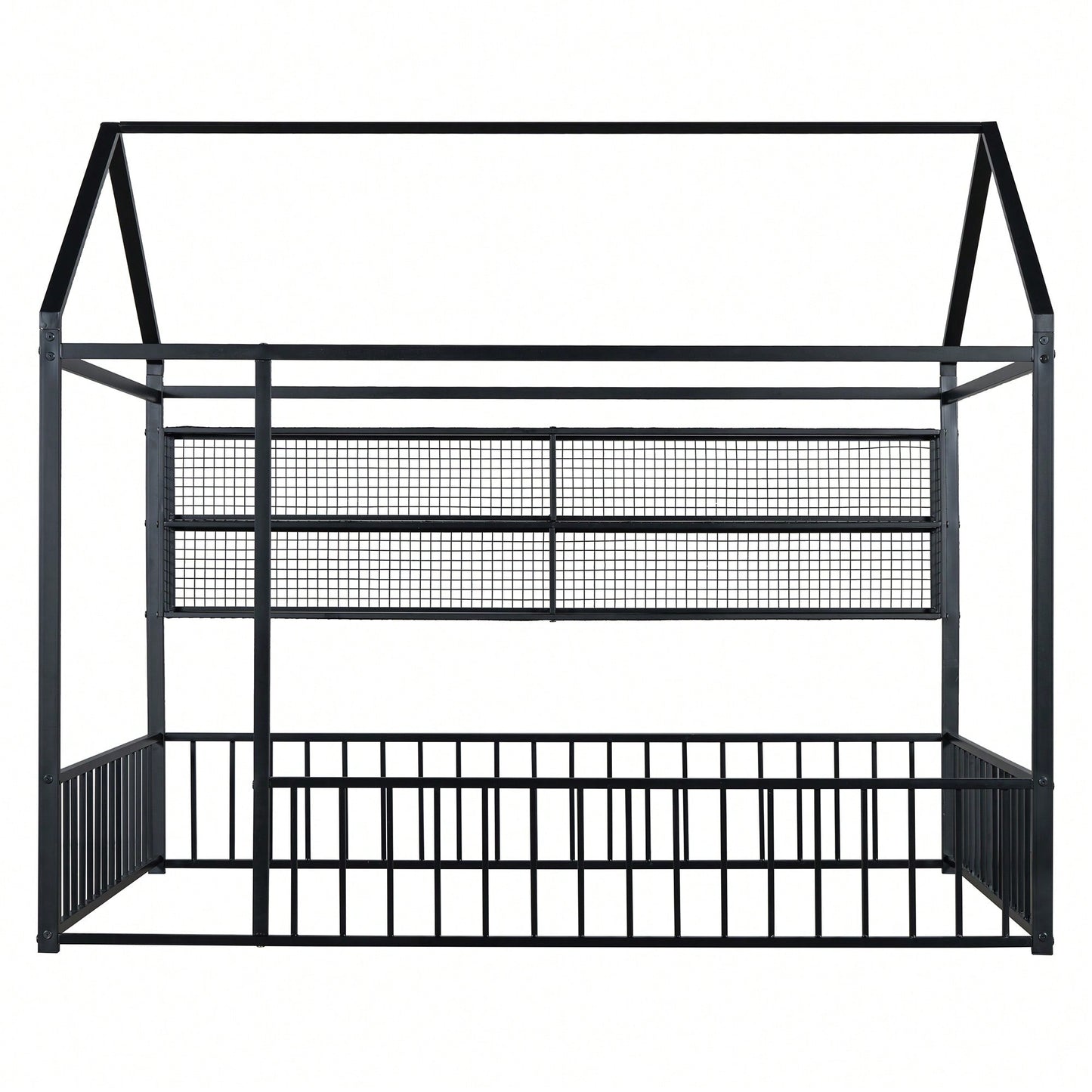 Metal House Bed Frame With Fence And Shelves In Black Finish For Stylish Bedroom Decor