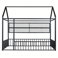 Metal House Bed Frame With Fence And Shelves In Black Finish For Stylish Bedroom Decor