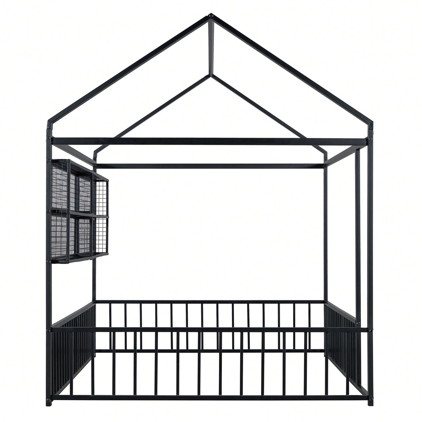 Metal House Bed Frame With Fence And Shelves In Black Finish For Stylish Bedroom Decor