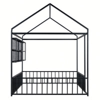 Metal House Bed Frame With Fence And Shelves In Black Finish For Stylish Bedroom Decor