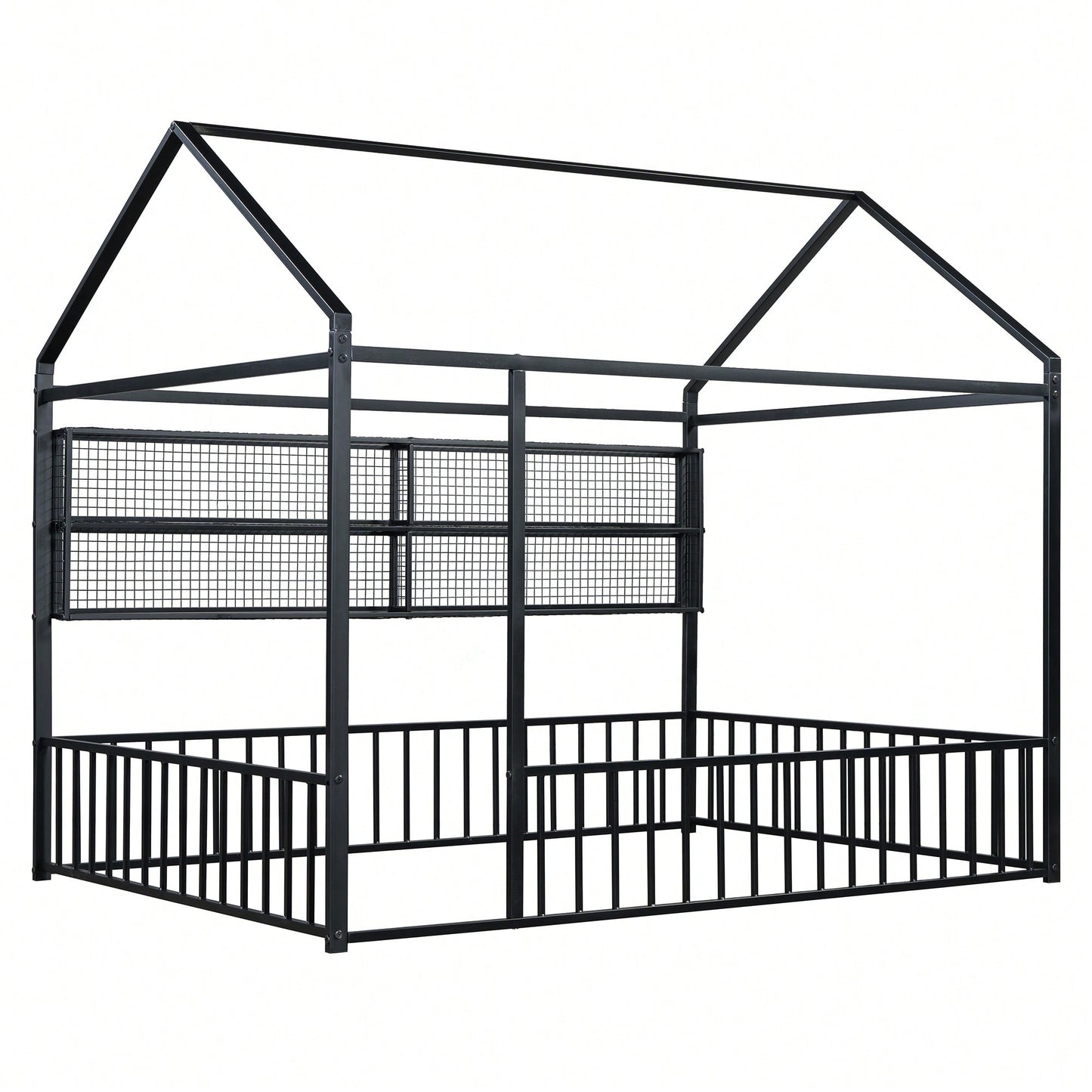 Metal House Bed Frame With Fence And Shelves In Black Finish For Stylish Bedroom Decor