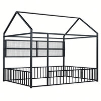 Metal House Bed Frame With Fence And Shelves In Black Finish For Stylish Bedroom Decor