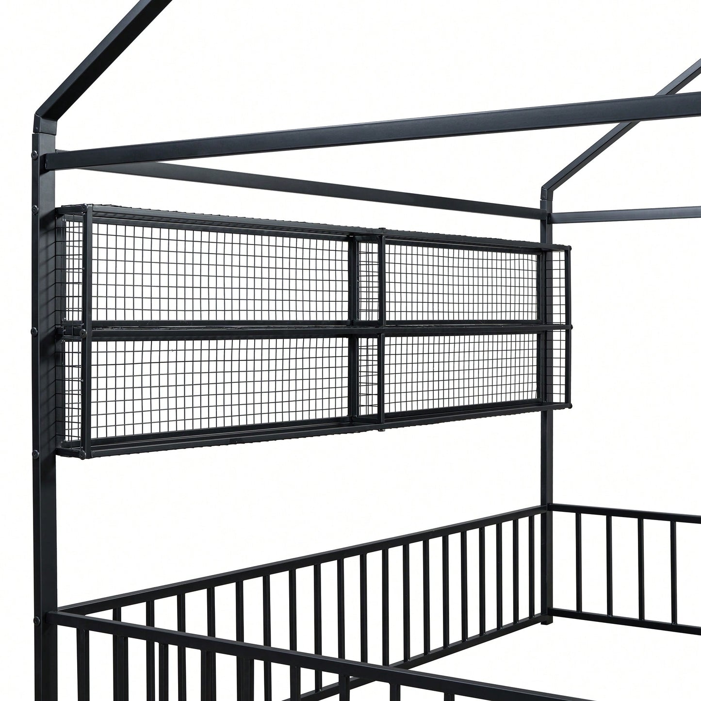 Metal House Bed Frame With Fence And Shelves In Black Finish For Stylish Bedroom Decor