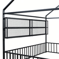 Metal House Bed Frame With Fence And Shelves In Black Finish For Stylish Bedroom Decor