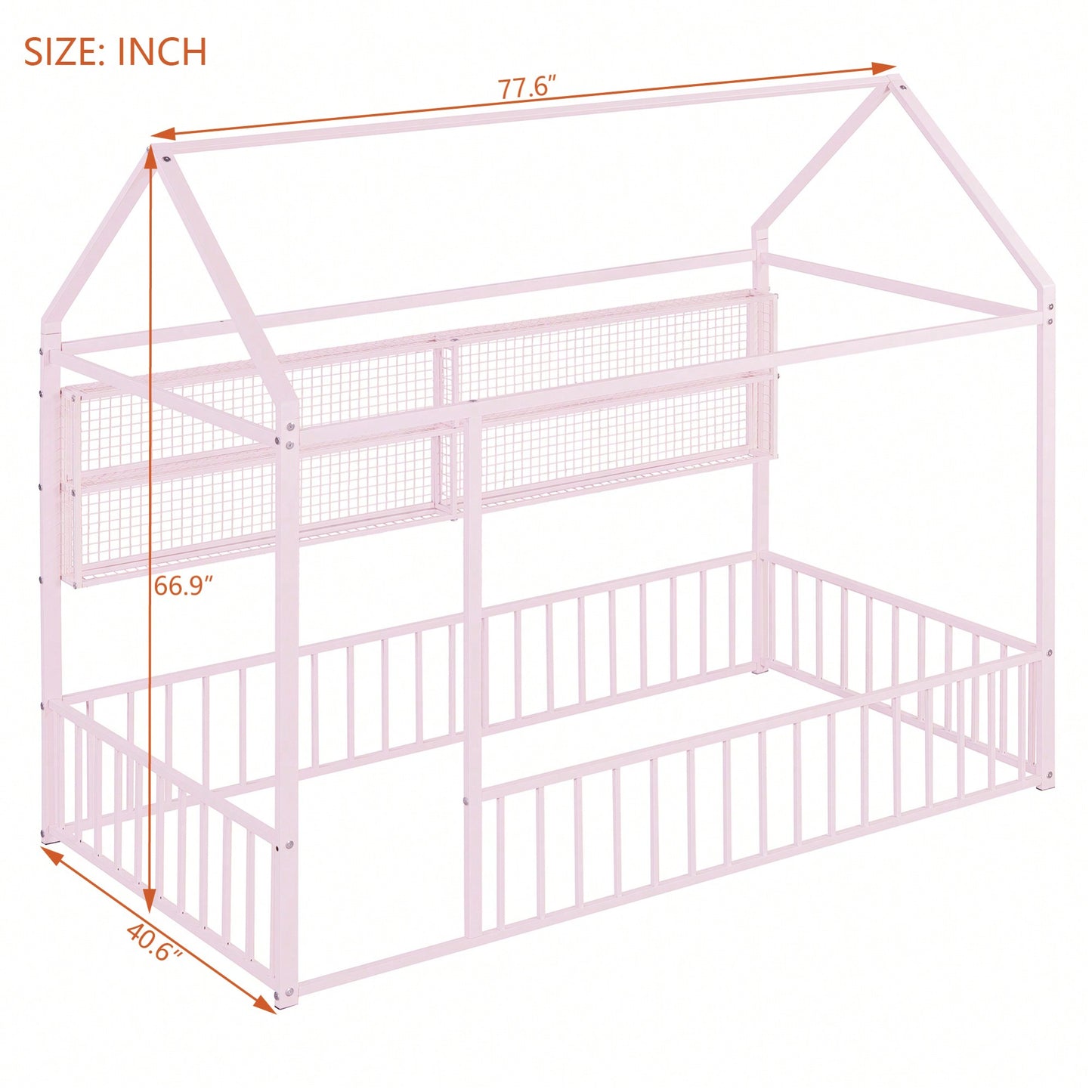 Twin Size Metal House Bed Frame With Fence And Storage Shelves In Black