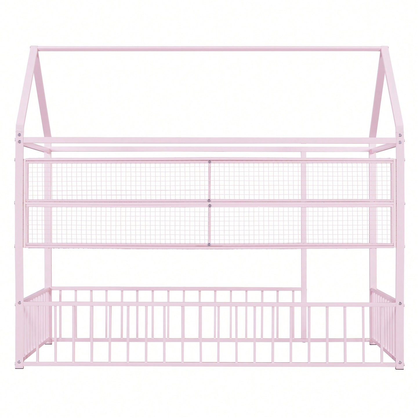 Twin Size Metal House Bed Frame With Fence And Storage Shelves In Black