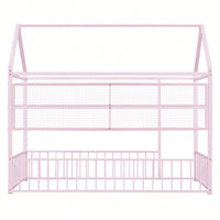 Twin Size Metal House Bed Frame With Fence And Storage Shelves In Black