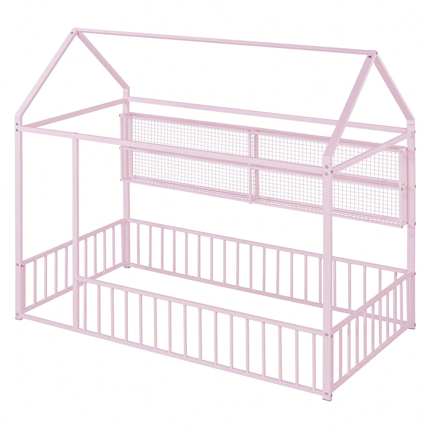 Twin Size Metal House Bed Frame With Fence And Storage Shelves In Black