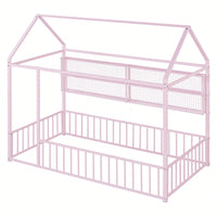 Twin Size Metal House Bed Frame With Fence And Storage Shelves In Black