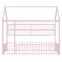 Twin Size Metal House Bed Frame With Fence And Storage Shelves In Black