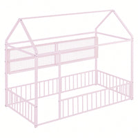 Twin Size Metal House Bed Frame With Fence And Storage Shelves In Black