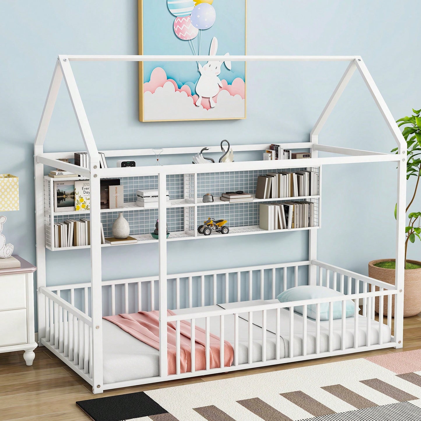 Twin Size Metal House Bed Frame With Fence And Storage Shelves In Black