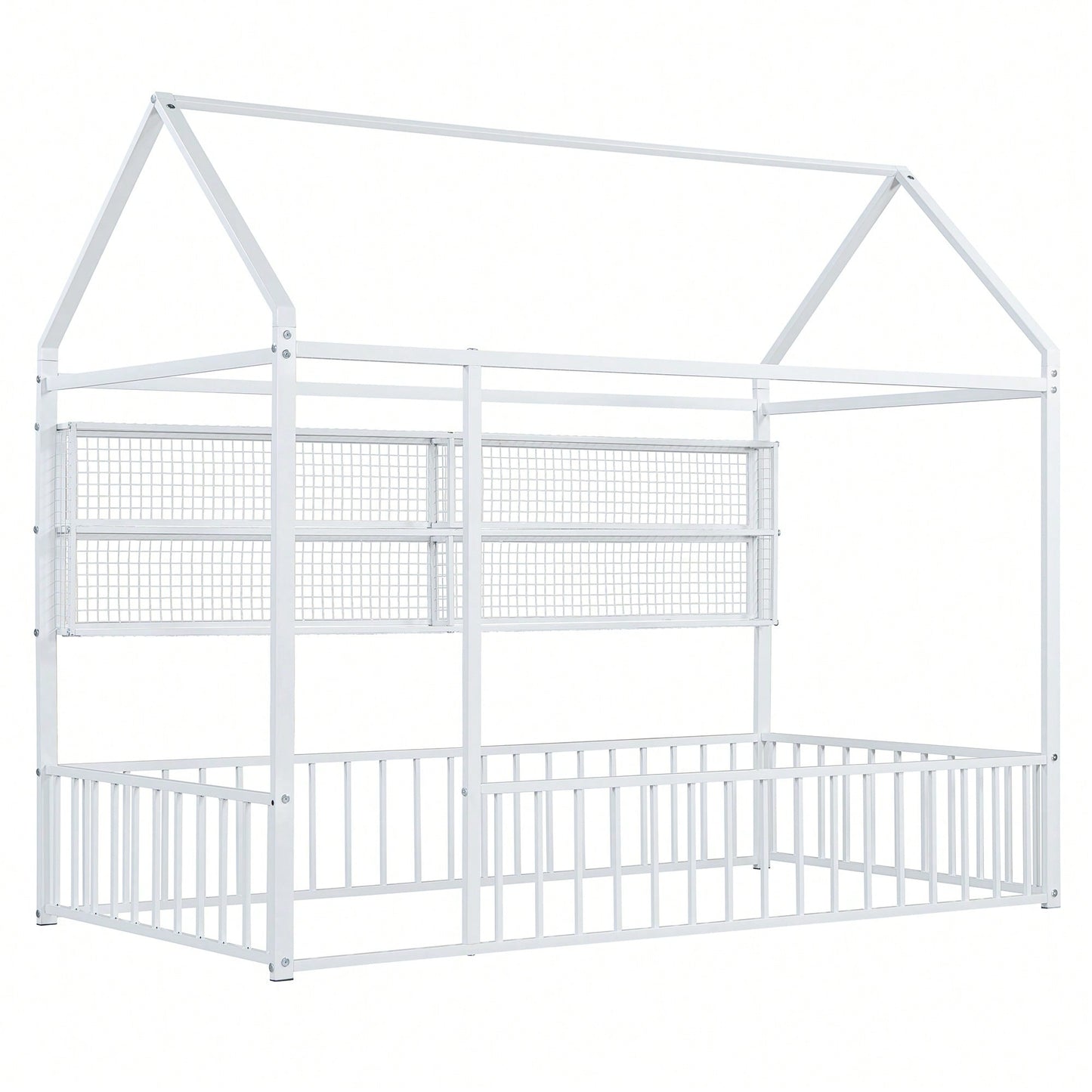 Twin Size Metal House Bed Frame With Fence And Storage Shelves In Black