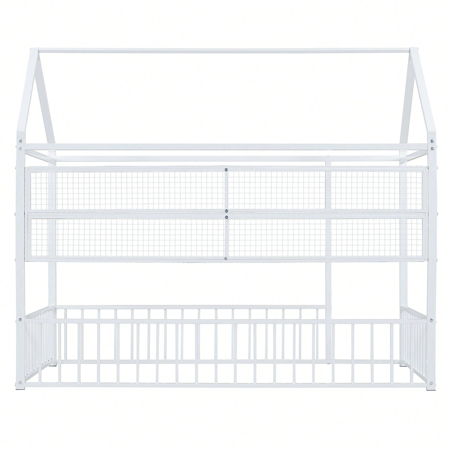 Twin Size Metal House Bed Frame With Fence And Storage Shelves In Black