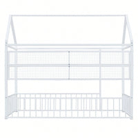 Twin Size Metal House Bed Frame With Fence And Storage Shelves In Black